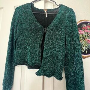 Free People green black glitter long sleeve cardigan top shimmery boho party
